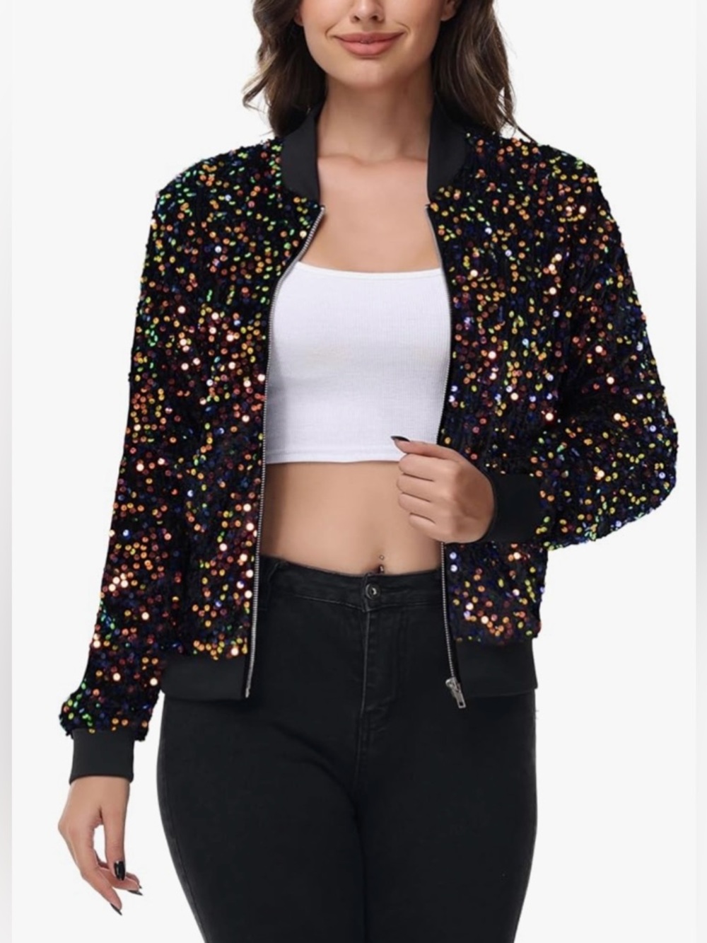Anna Kaci Sequin Bomber Jacket Black Rainbow‎ Party Sparkle Zip Small